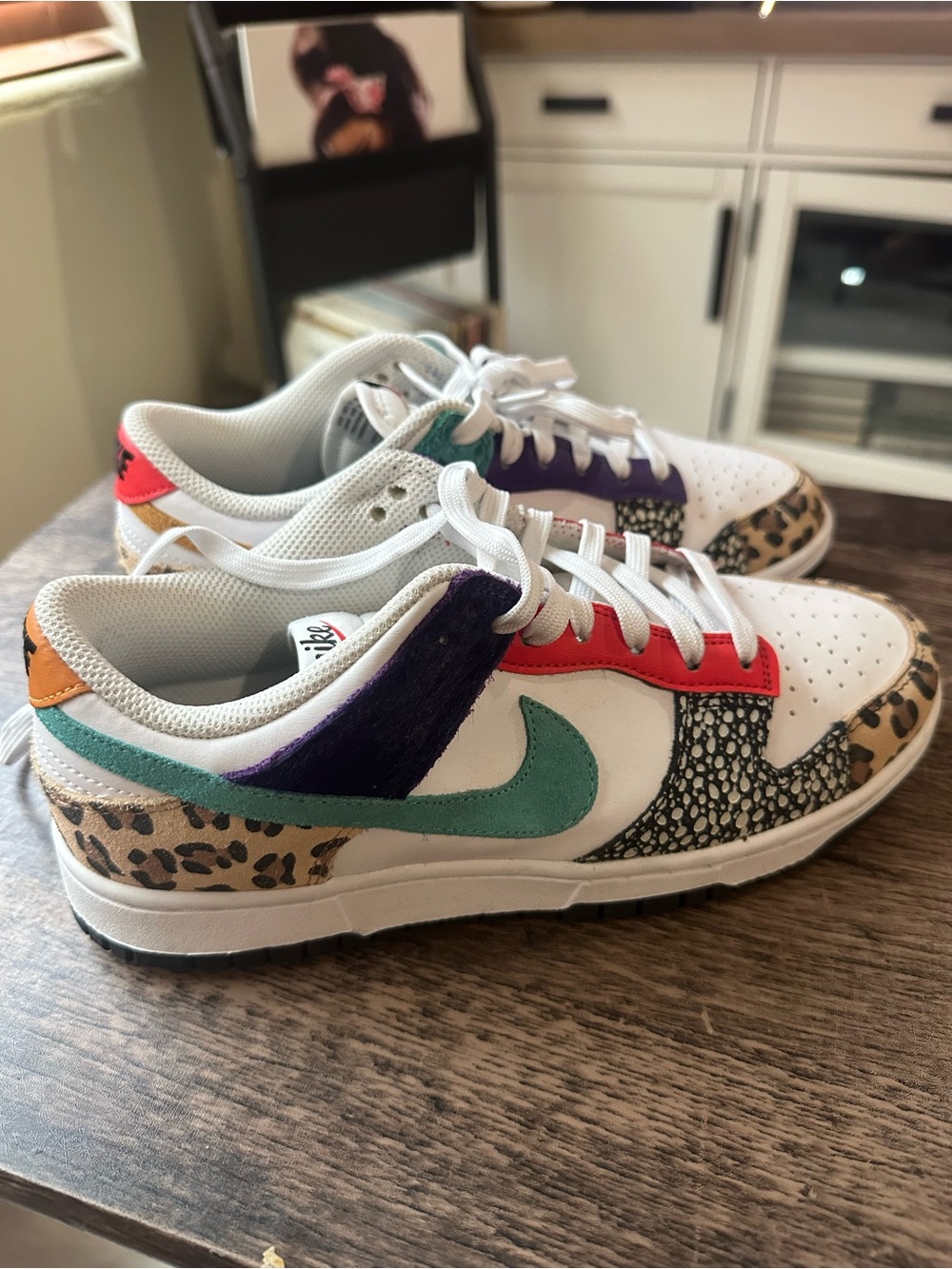 Nike Dunk Low SE White with Gold Swoosh, Teal, Purple & Leopard Accents - Picture 5 of 6